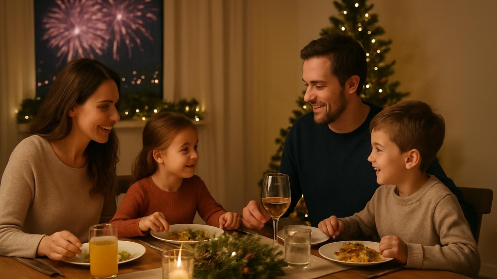 Famiglia con bambini in ambiente accogliente per Capodanno